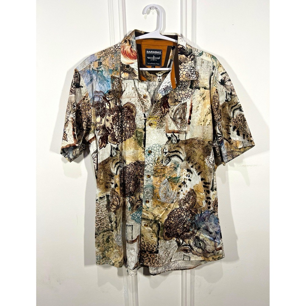 BARABAS Shirt Mens L Rhinestone Animal Floral Print Bobcat Parrot Button Up